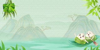 绿色国潮山水卡通文艺中国风端午节粽子船龙舟展板背景